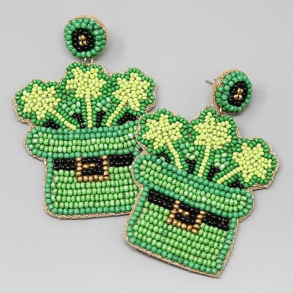 Clover Leprechaun Hat Seed Beaded Drop Earrings St Patricks